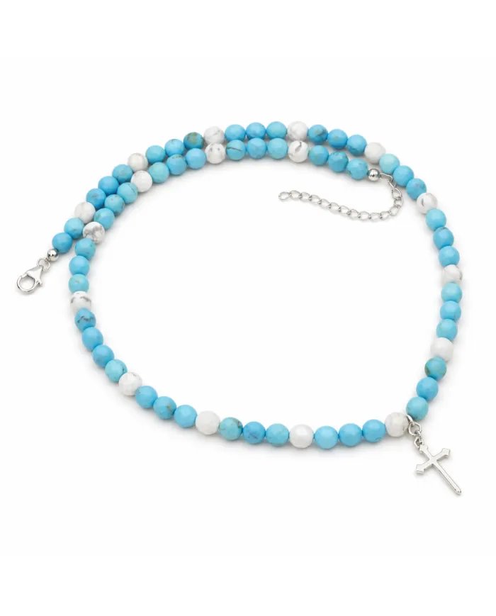 Arizona Turquoise & Howlite Beads Necklace - 925 Silver Cross Charm