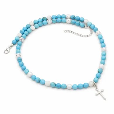Arizona Turquoise & Howlite Beads Necklace - 925 Silver Cross Charm
