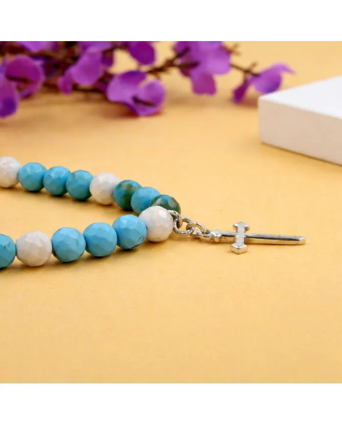 Arizona Turquoise & Howlite Beaded Necklace - 925 Silver Cross Charm