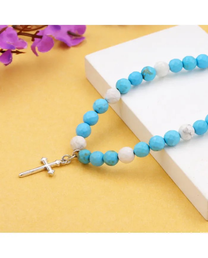 Arizona Turquoise & Howlite Beaded Necklace - 925 Silver Cross Charm