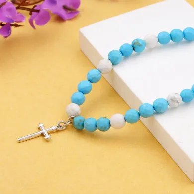 Arizona Turquoise & Howlite Beads Necklace - 925 Silver Cross Charm