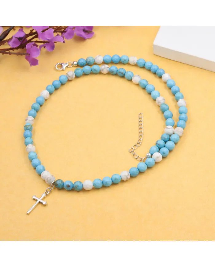 Arizona Turquoise & Howlite Beaded Necklace - 925 Silver Cross Charm