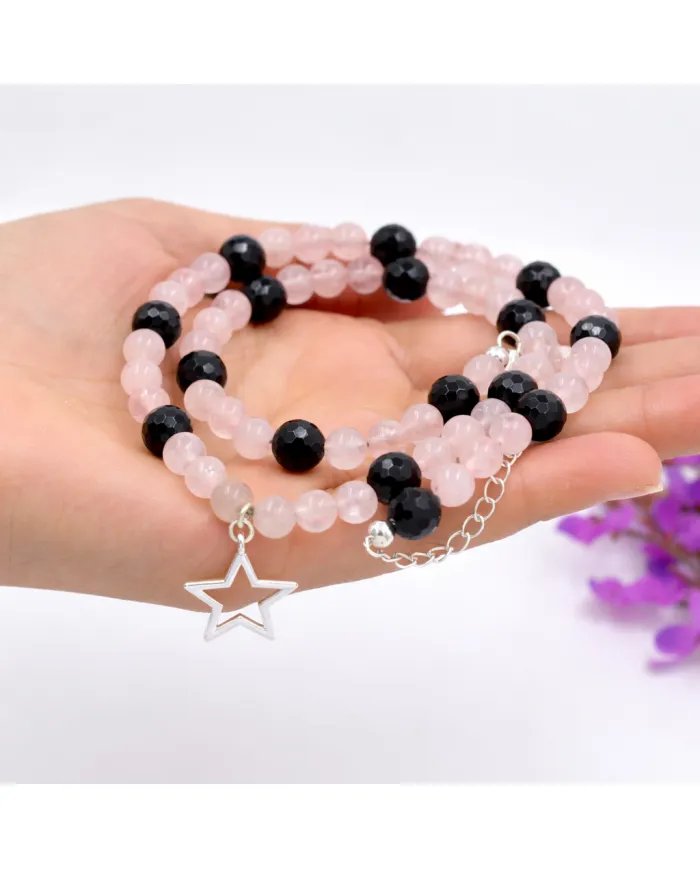 Rose Quartz & Black Onyx Beads Necklace - 925 Silver Star Charm