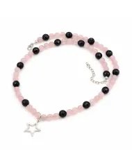 Rose Quartz & Black Onyx Beads Necklace - 925 Silver Star Charm