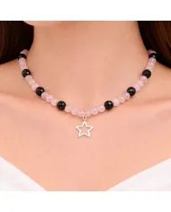 Rose Quartz & Black Onyx Beads Necklace - 925 Silver Star Charm