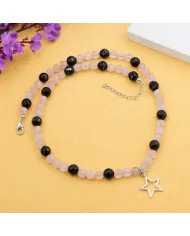 Rose Quartz & Black Onyx Beads Necklace - 925 Silver Star Charm