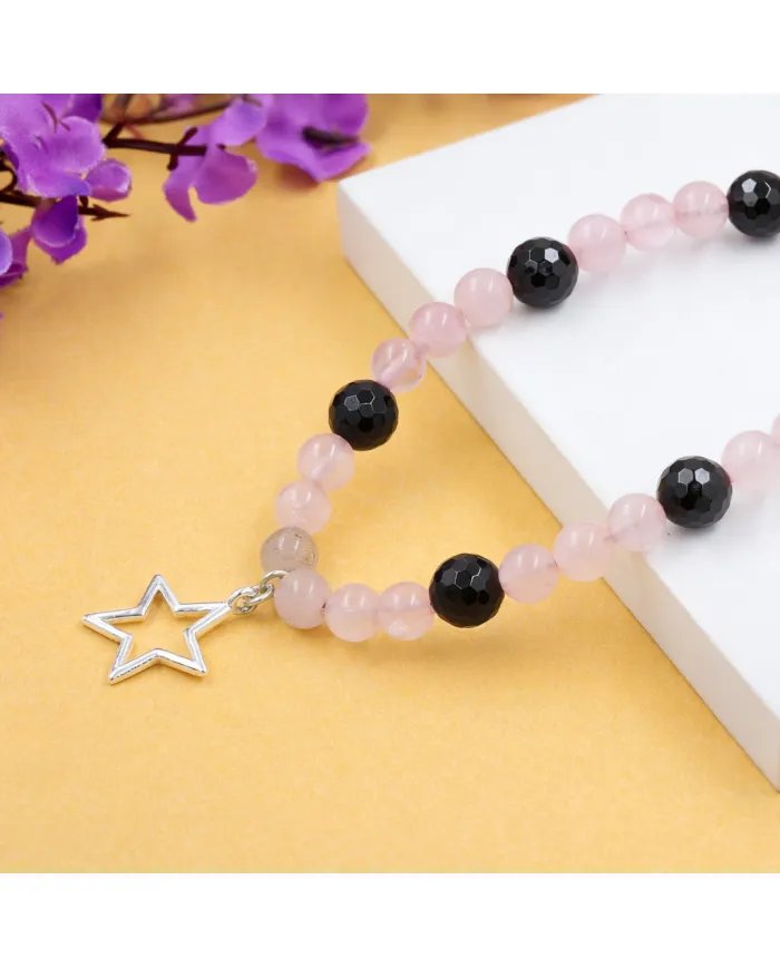 Rose Quartz & Black Onyx Beads Necklace - 925 Silver Star Charm