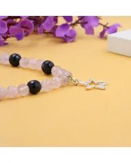Rose Quartz & Black Onyx Beads Necklace - 925 Silver Star Charm