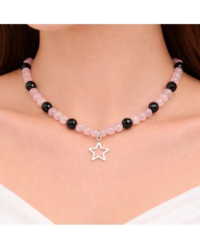 Rose Quartz & Black Onyx Beaded Necklace with Star Charm in 925 Silver
