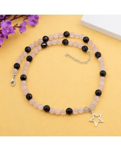 Rose Quartz & Black Onyx Beaded Necklace with Star Charm in 925 Silver