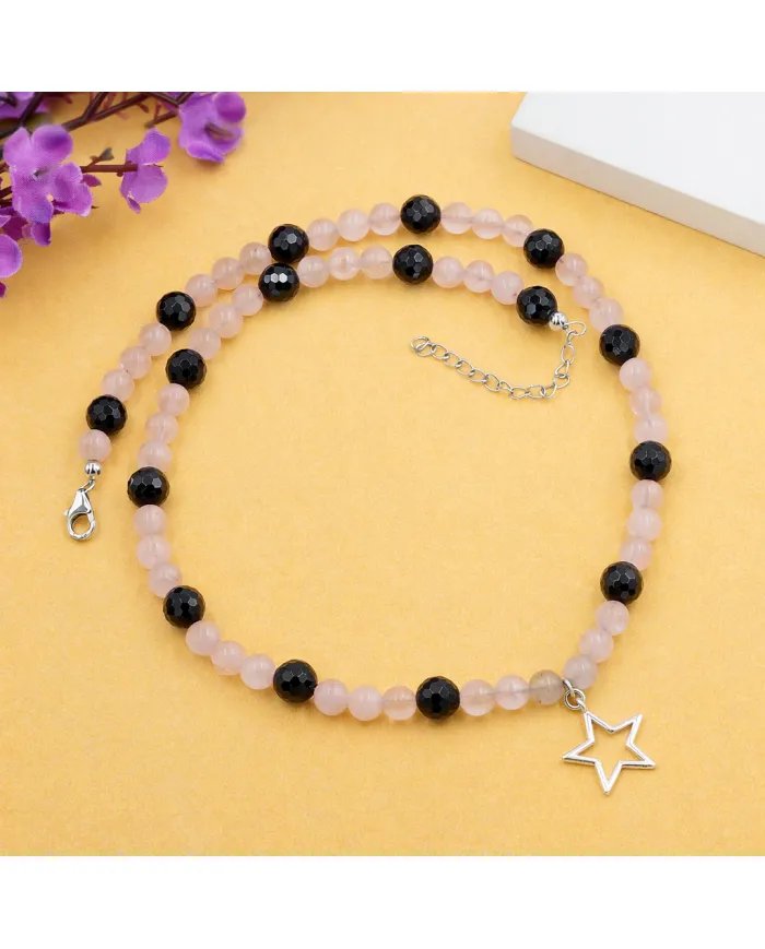 Rose Quartz & Black Onyx Beaded Necklace with Star Charm in 925 Silver