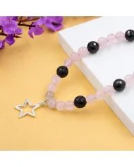 Rose Quartz & Black Onyx Beaded Necklace with Star Charm in 925 Silver