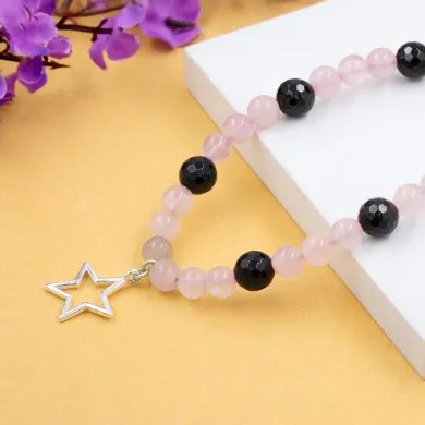 Rose Quartz & Black Onyx Beaded Necklace with Star Charm in 925 Silver