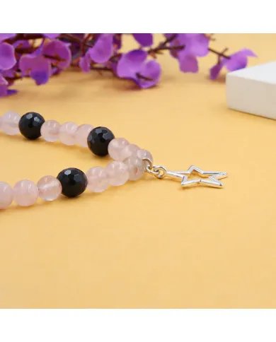 Rose Quartz & Black Onyx Beaded Necklace with Star Charm in 925 Silver