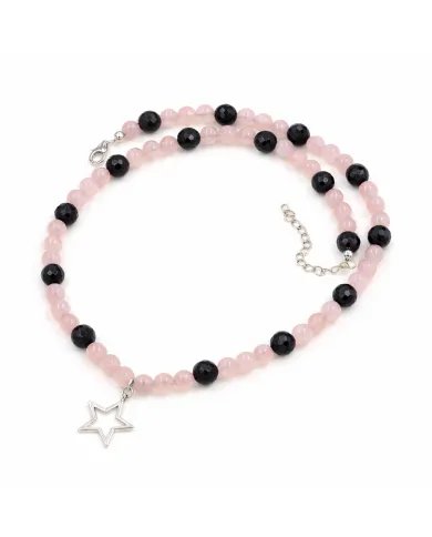 Rose Quartz & Black Onyx Beaded Necklace with Star Charm in 925 Silver