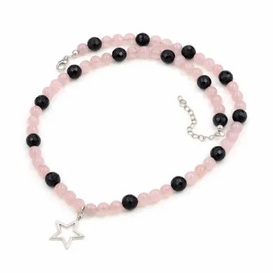 Rose Quartz & Black Onyx Beaded Necklace with Star Charm in 925 Silver