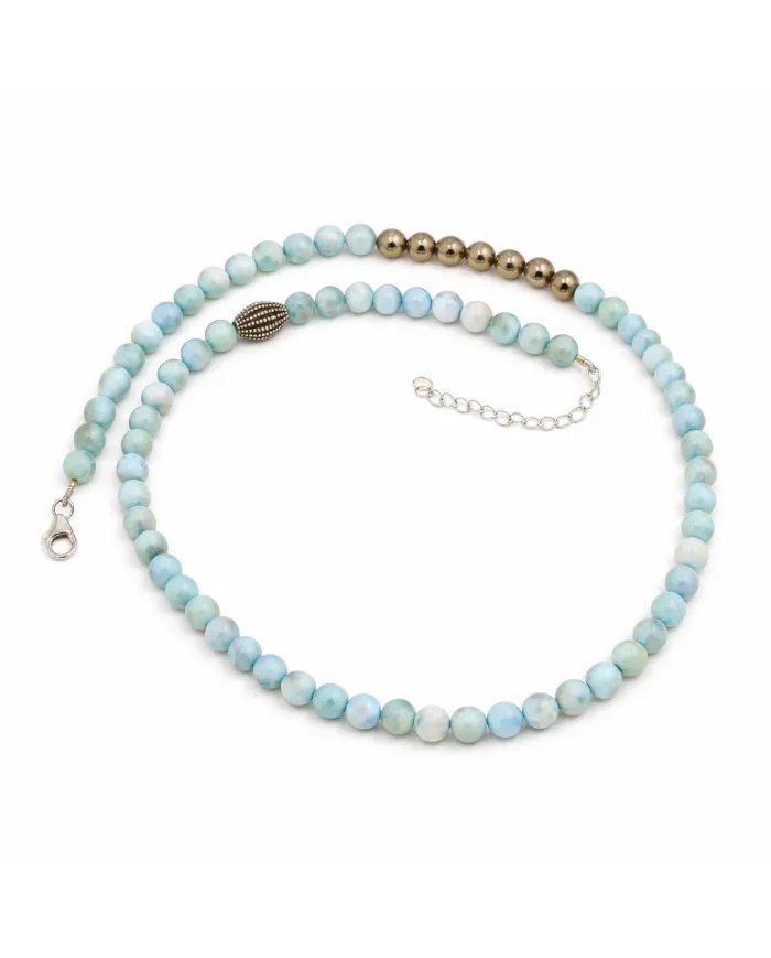 Larimar Beaded Necklace with Pyrite – 925 Sterling Silver Jewelry