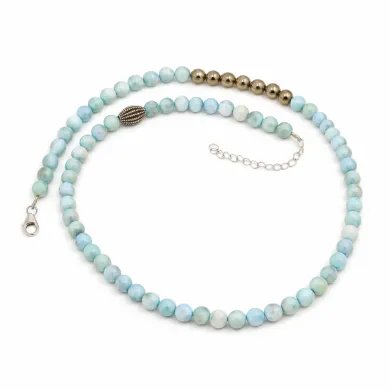 Larimar Beaded Necklace with Pyrite – 925 Sterling Silver Jewelry