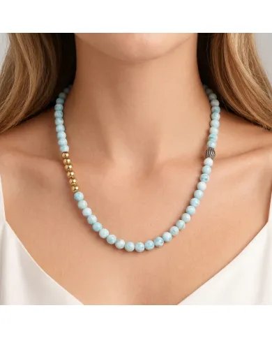 Larimar Beaded Necklace with Pyrite – 925 Sterling Silver Jewelry