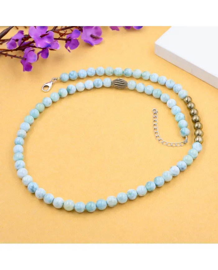 Larimar Beaded Necklace with Pyrite – 925 Sterling Silver Jewelry