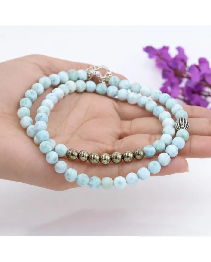 Larimar Beaded Necklace with Pyrite – 925 Sterling Silver Jewelry