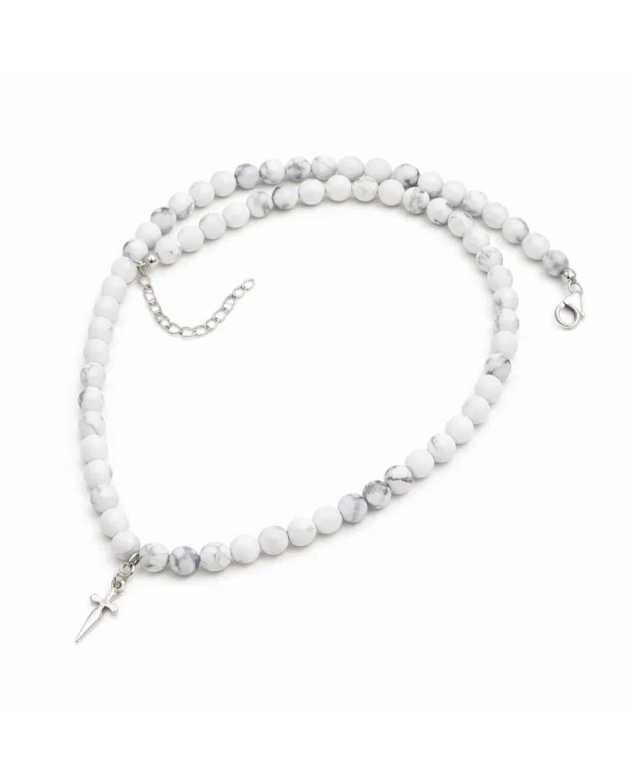 Howlite Beaded Necklace with Cross Charm in 925 Sterling Silver Jewelry