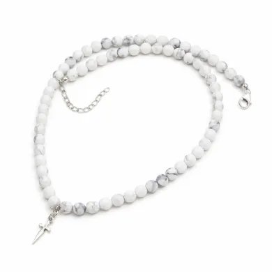 Howlite Beaded Necklace with Cross Charm in 925 Sterling Silver Jewelry
