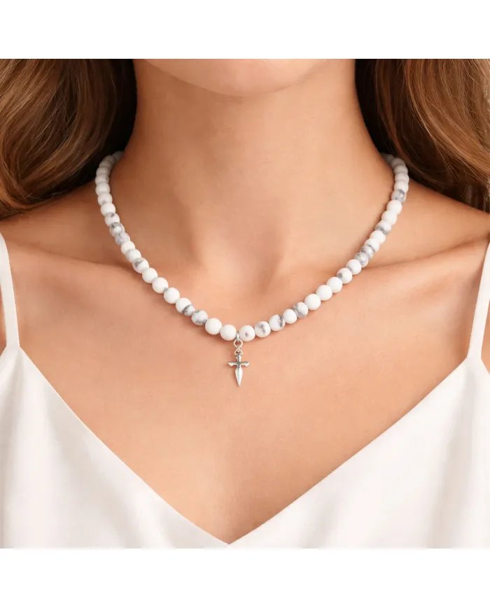 Howlite Beaded Necklace with Cross Charm in 925 Sterling Silver Jewelry