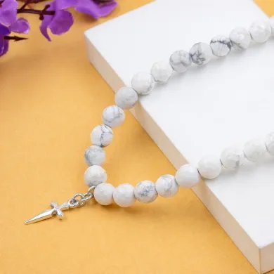 Howlite Beaded Necklace with Cross Charm in 925 Sterling Silver Jewelry