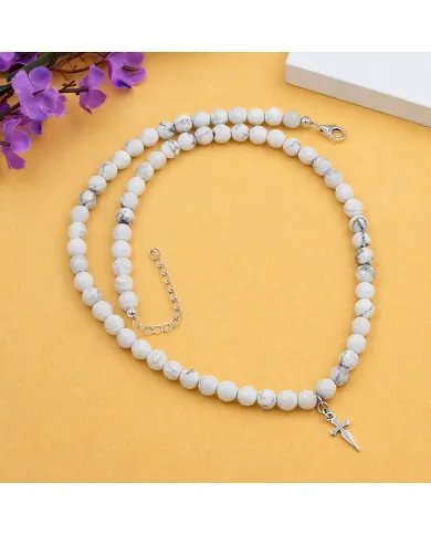 Howlite Beaded Necklace with Cross Charm in 925 Sterling Silver Jewelry