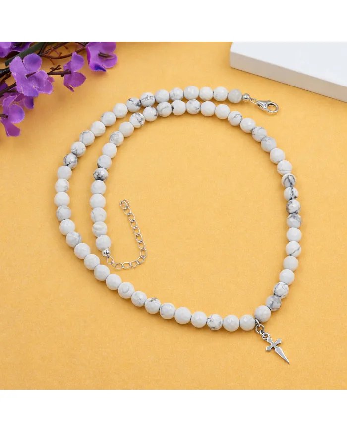 Howlite Beaded Necklace with Cross Charm in 925 Sterling Silver Jewelry