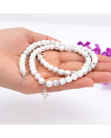 Howlite Beaded Necklace with Cross Charm in 925 Sterling Silver Jewelry
