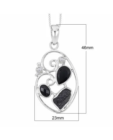 925 Sterling Silver Pendant Featuring Black Onyx, Tektite & Crystal