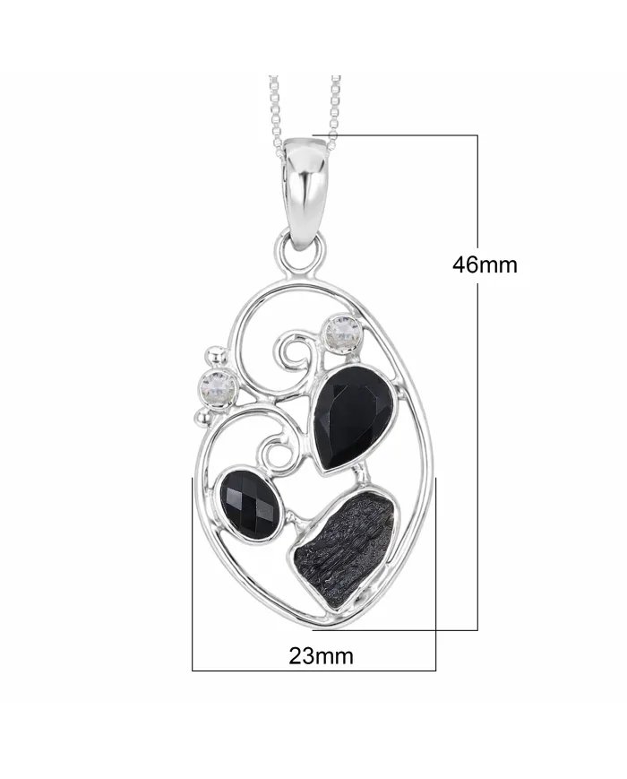 925 Sterling Silver Pendant Featuring Black Onyx, Tektite & Crystal