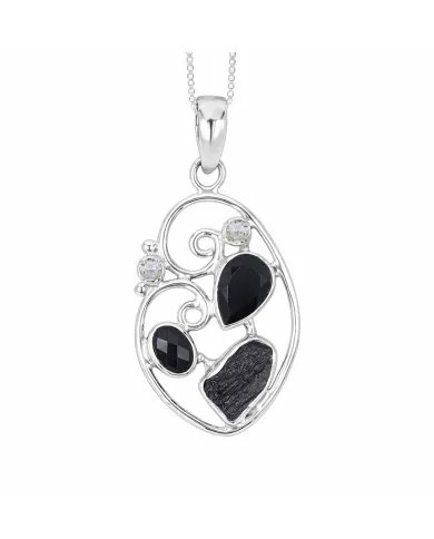 925 Sterling Silver Pendant Featuring Black Onyx, Tektite & Crystal
