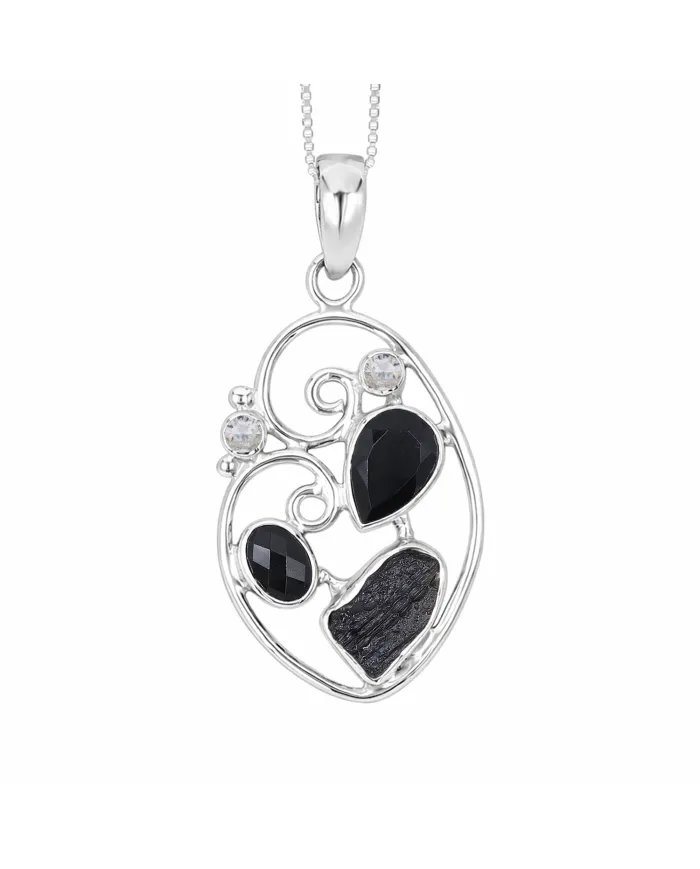 925 Sterling Silver Pendant Featuring Black Onyx, Tektite & Crystal