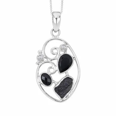 925 Sterling Silver Pendant Featuring Black Onyx, Tektite & Crystal