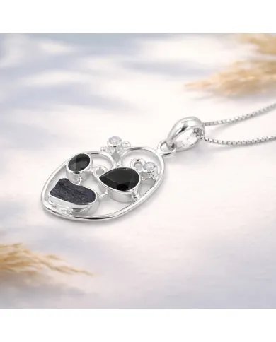 925 Sterling Silver Pendant Featuring Black Onyx, Tektite & Crystal