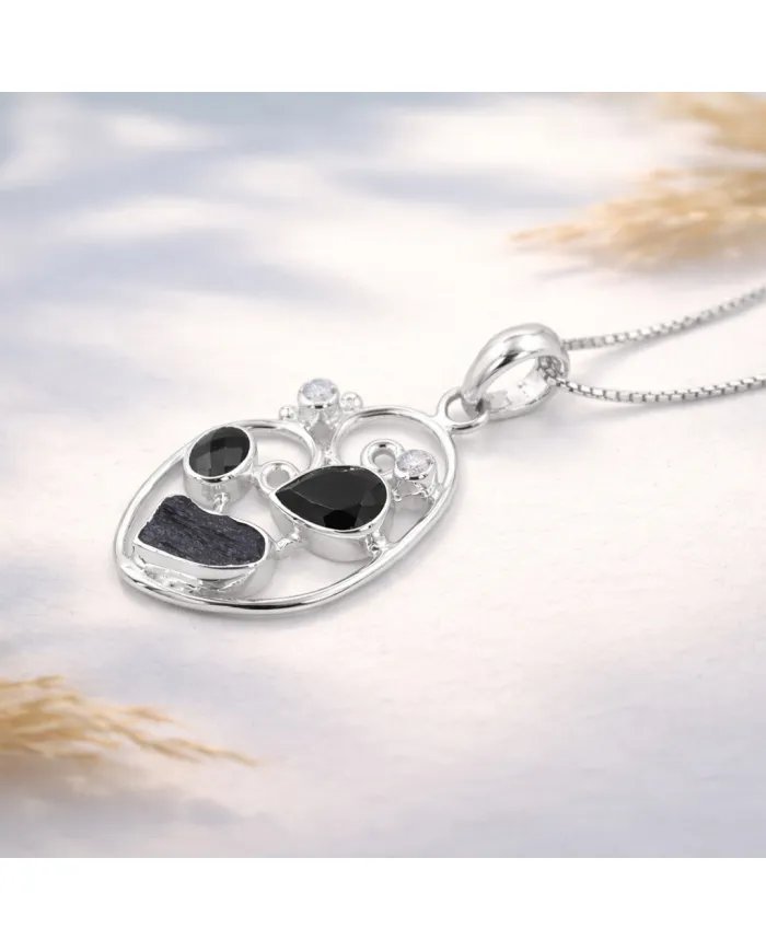925 Sterling Silver Pendant Featuring Black Onyx, Tektite & Crystal