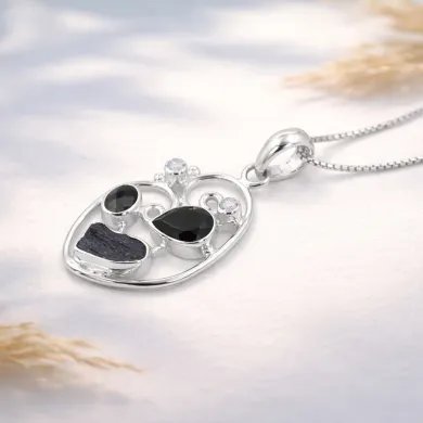 925 Sterling Silver Pendant Featuring Black Onyx, Tektite & Crystal