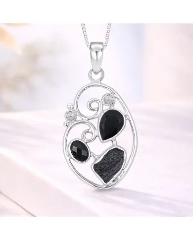 925 Sterling Silver Pendant Featuring Black Onyx, Tektite & Crystal