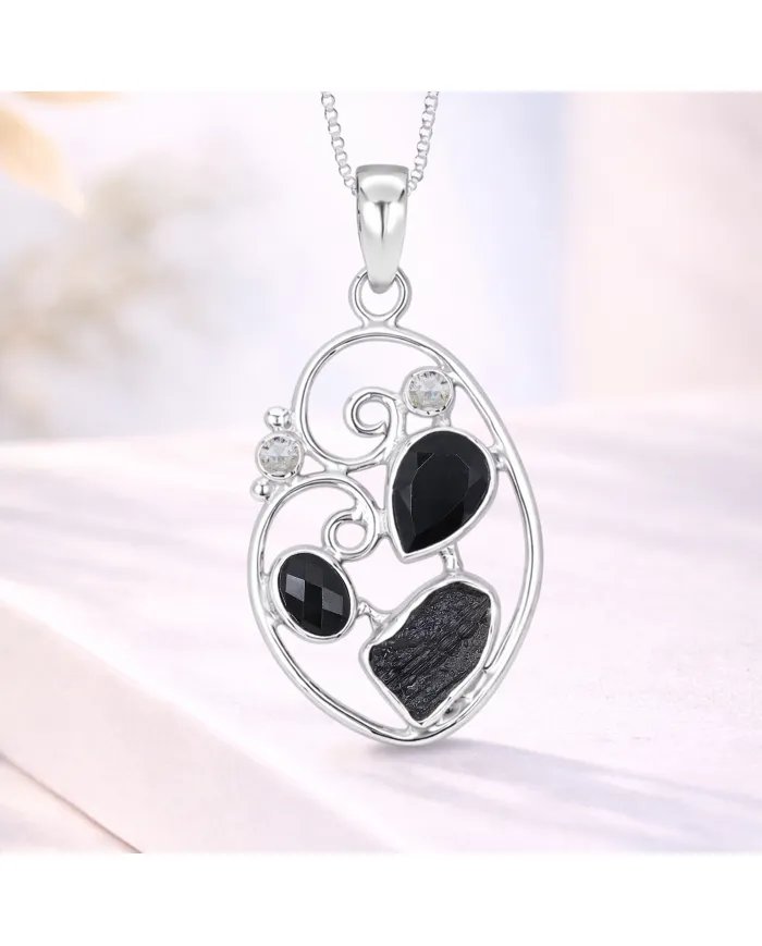 925 Sterling Silver Pendant Featuring Black Onyx, Tektite & Crystal