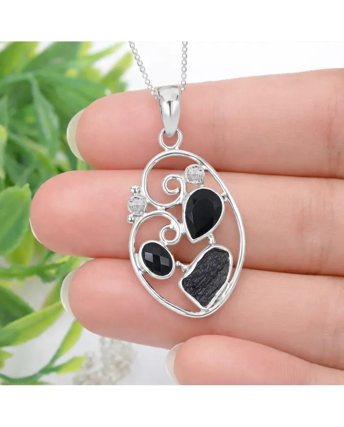 925 Sterling Silver Pendant Featuring Black Onyx, Tektite & Crystal