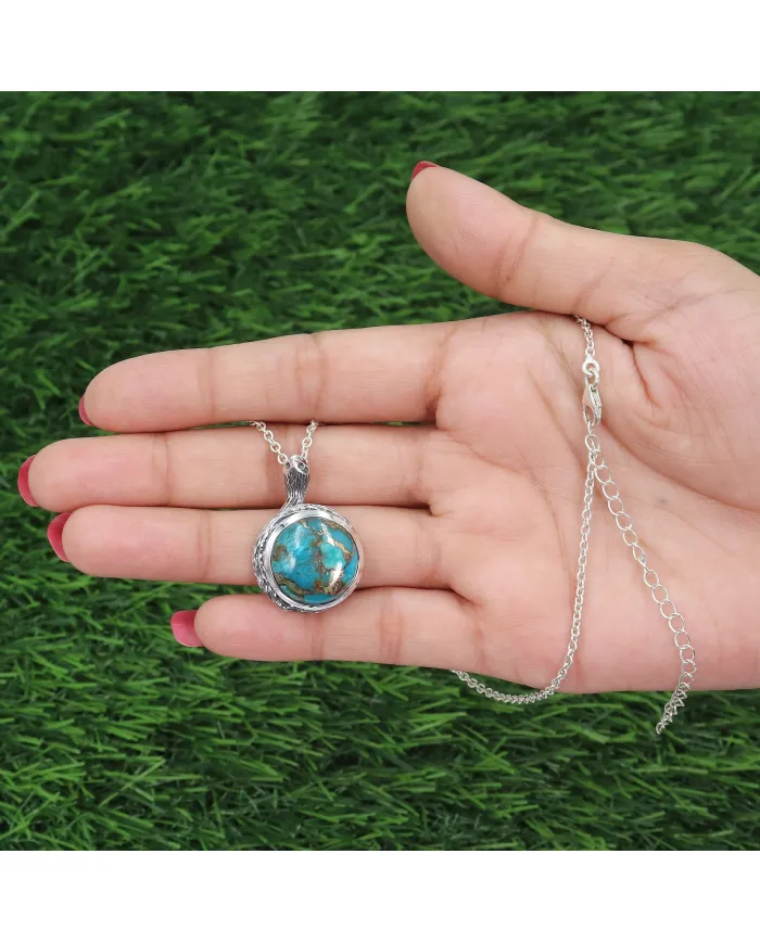 925 Sterling Silver Blue Copper Turquoise Snake Pendant Necklace
