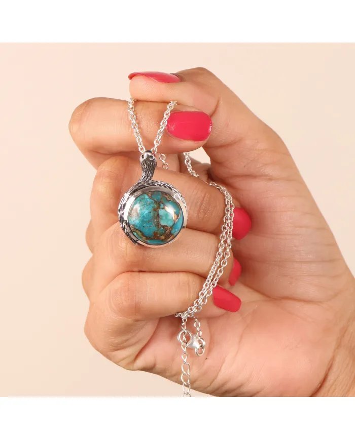 Natural Blue Copper Turquoise Pendant - Sterling Silver Handmade Snake Unisex Pendant