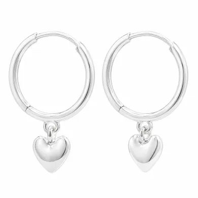 Huggie Hoop Earrings Heart Charm - 925 Sterling Silver Handmade Gift