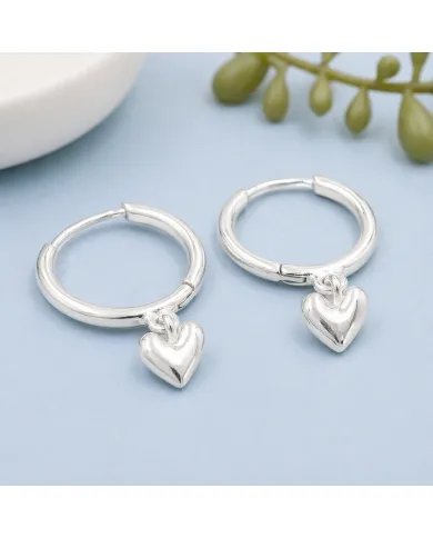 Huggie Hoop Earrings Heart Charm - 925 Sterling Silver Handmade Gift