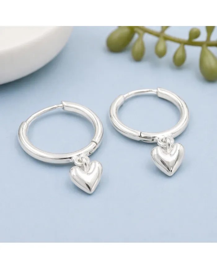 Huggie Hoop Earrings Heart Charm - 925 Sterling Silver Handmade Gift