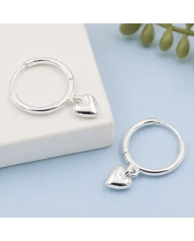 Huggie Hoop Earrings Heart Charm - 925 Sterling Silver Handmade Gift
