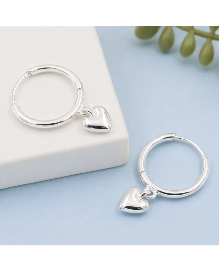 Huggie Hoop Earrings Heart Charm - 925 Sterling Silver Handmade Gift